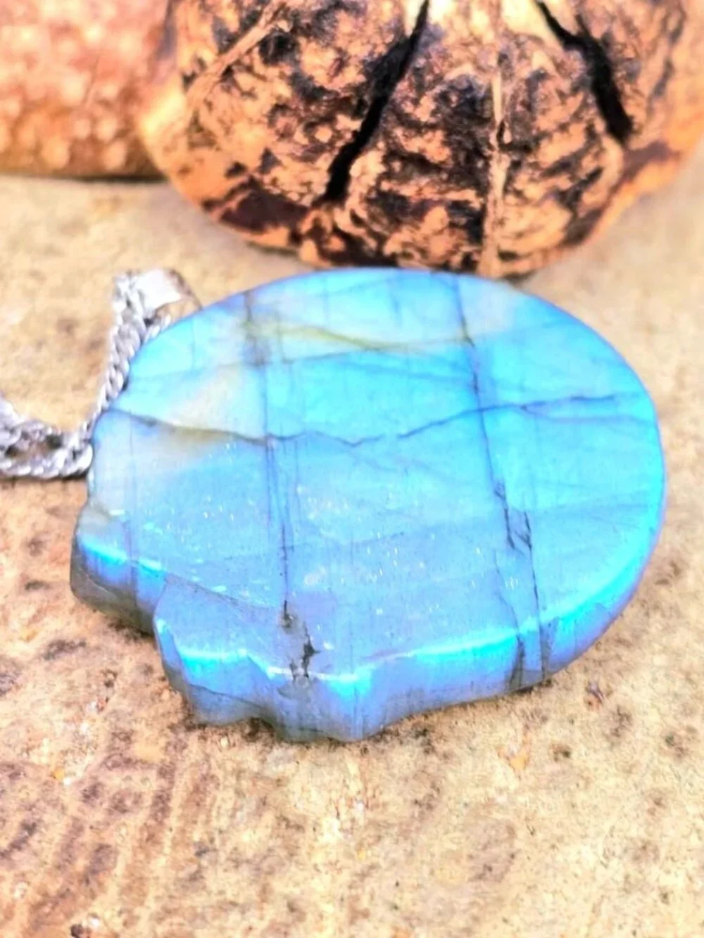 Labradorite Crescent Moon Carved Pendant Flashy Crystal Necklace 1.3 Inch